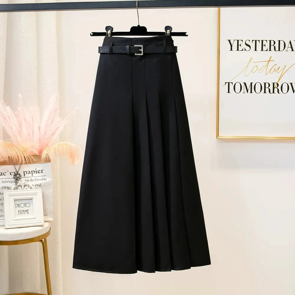 Suit Pleated Long Skirt With Belt  A Line Skirt Streetwear