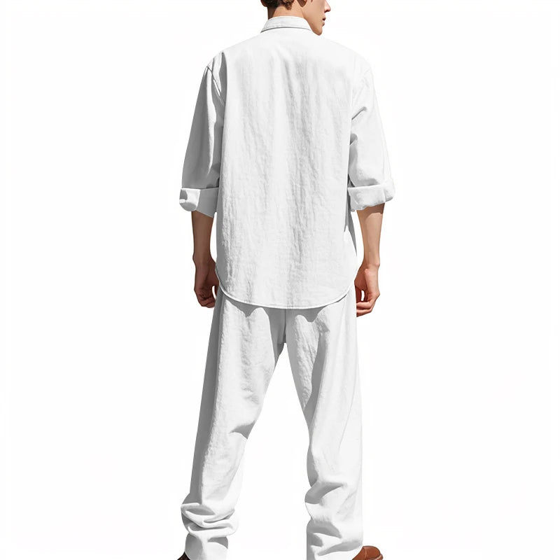 Spring/Summer New Men's Linen Casual Loose Breathable Long Sleeve Pants Shirt Beach Set