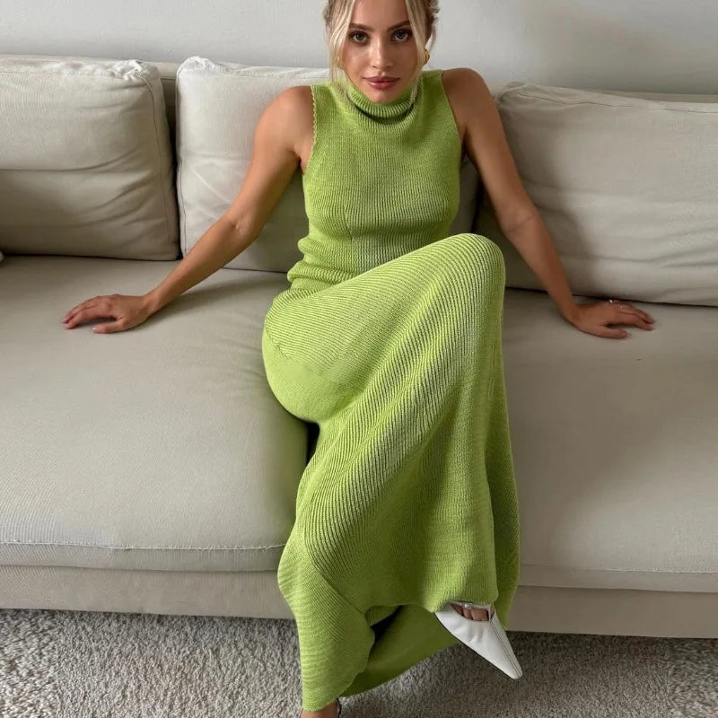 Elegant Long Skirt Two-piece Set Women's Sleeveless Knitted Turtleneck Vest and Skirt Set