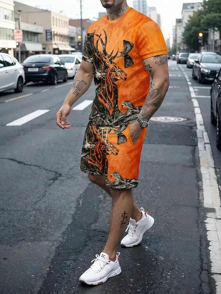 Hip Hop Style Personality Cartoon 3D Printed Men's Round Neck Short Sleeve 2 piece Fashionable Street Sports All-match Men's Suit