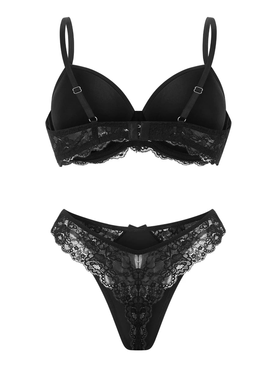 Sexy Lace Push up Bra and Panty Set with Underwire Support and Elastic Briefs - 2 Piece Lingerie Ensemble