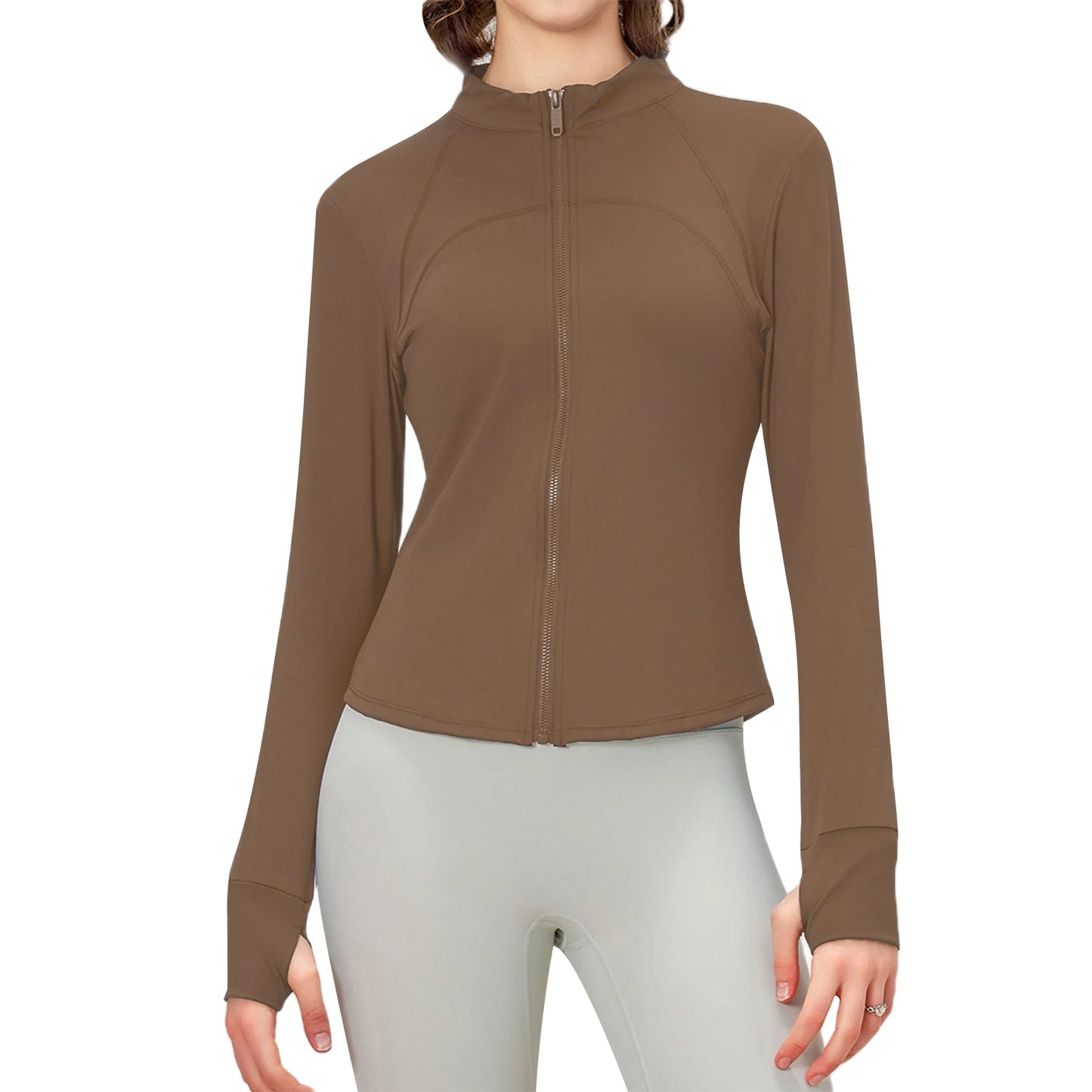 Full Zip Yoga Jacket with Solid Color Long Sleeves Stand Collar  Fit and Thumb Holes for Active Wear