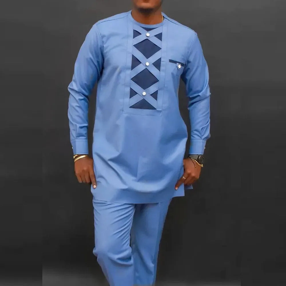 Men's  Wedding 2-Piece Suit Waist Pants Shirt Solid Color Panel Long Sleeve Party African Ethnic Style Clothing
