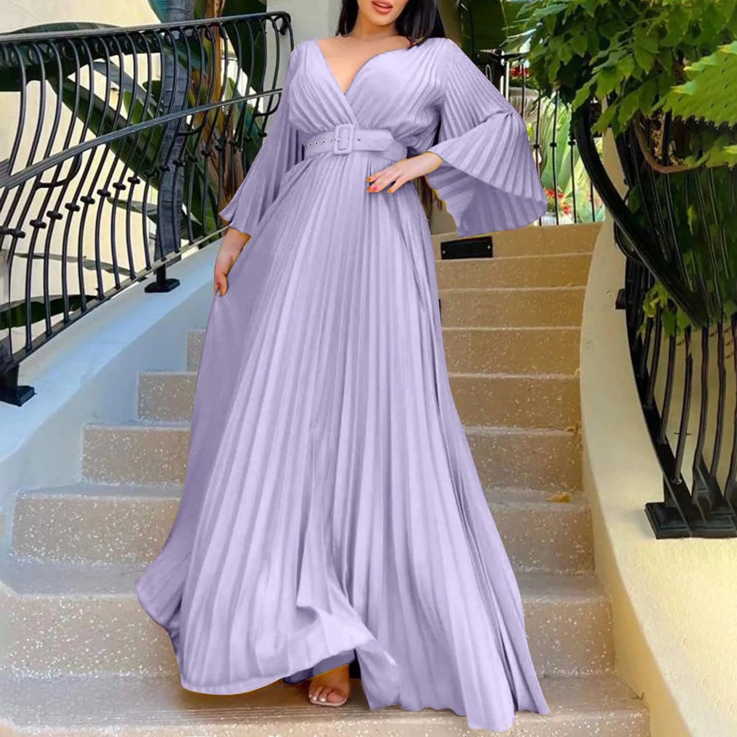 Women's Elegant Evening Dress Deep V Neck Flare Sleeve Pleated Prom Dress With Belt Formal Dresses For Women