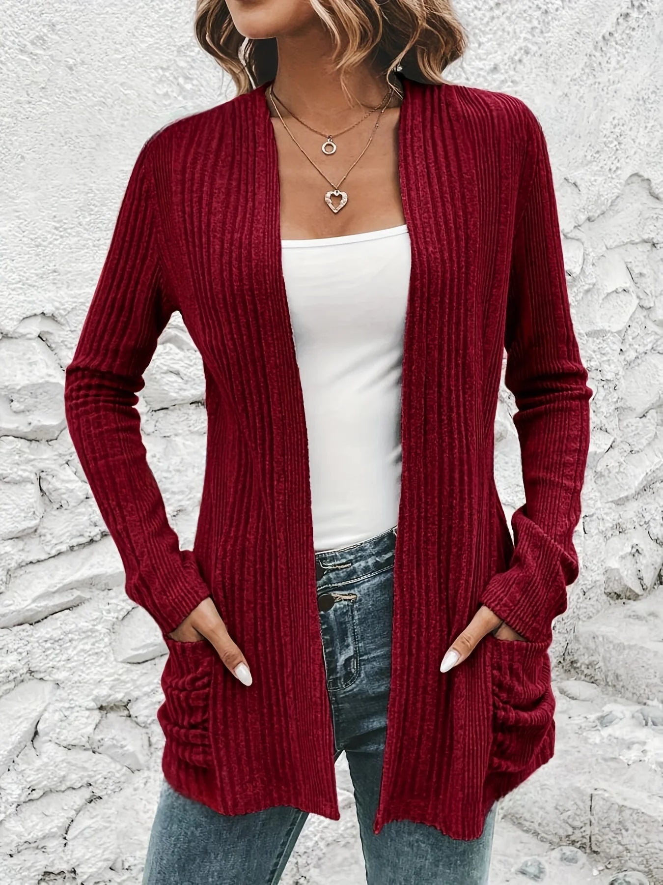 Elegant open front solid cardigan, long sleeve double pocket cardigan, suitable for spring and autumn, women's clothing