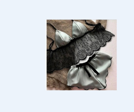 2-Piece Lingerie Set Sheer Lace Halter Top with Matching Lace Trim Shorts Sensual Nightwear for Summer