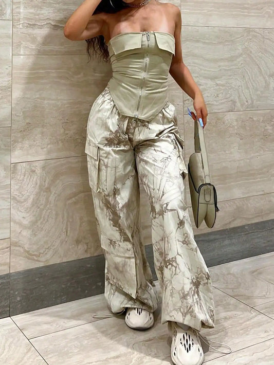 Women's 2 Piece Outfit Set Tube Top Crop Top  Wide Leg Cargo Pants with Pockets Summer Streetwear Casual Wear
