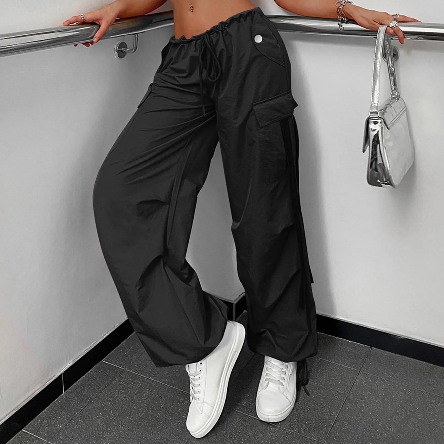 Women's Pants Streetwear Casual Hip Hop Elastic Waist Cargo Pants Drawstring Lace Up Trousers