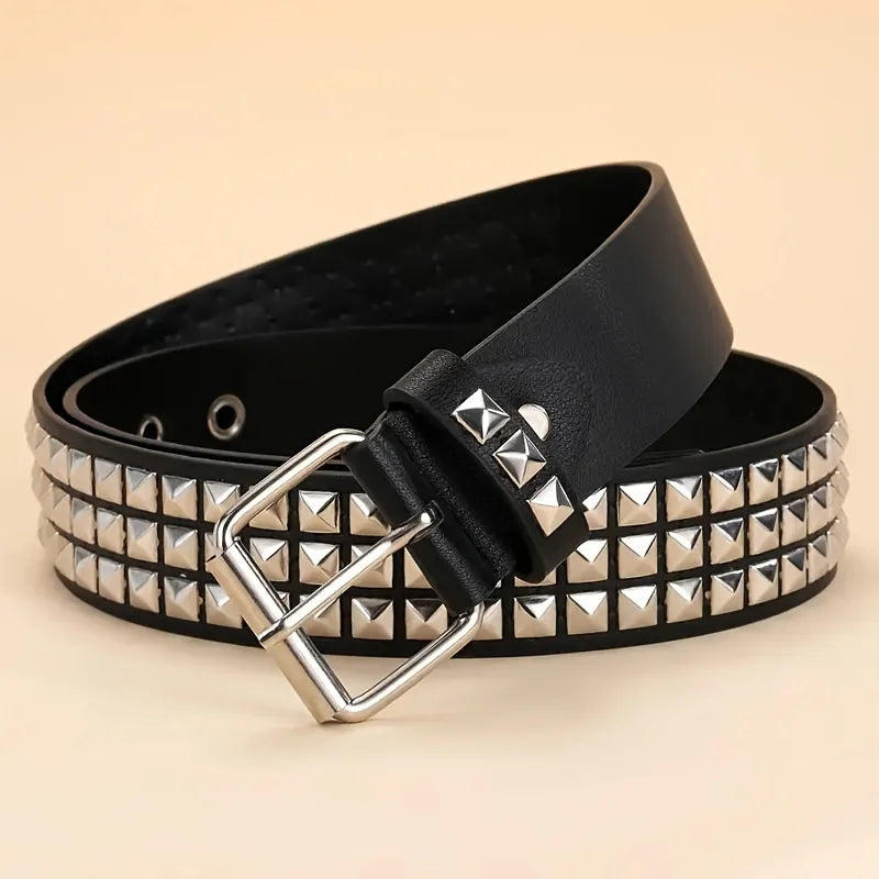 Rivet belt equipped with stainless steel square buckle, PU panel material, male and female pyramid rivet