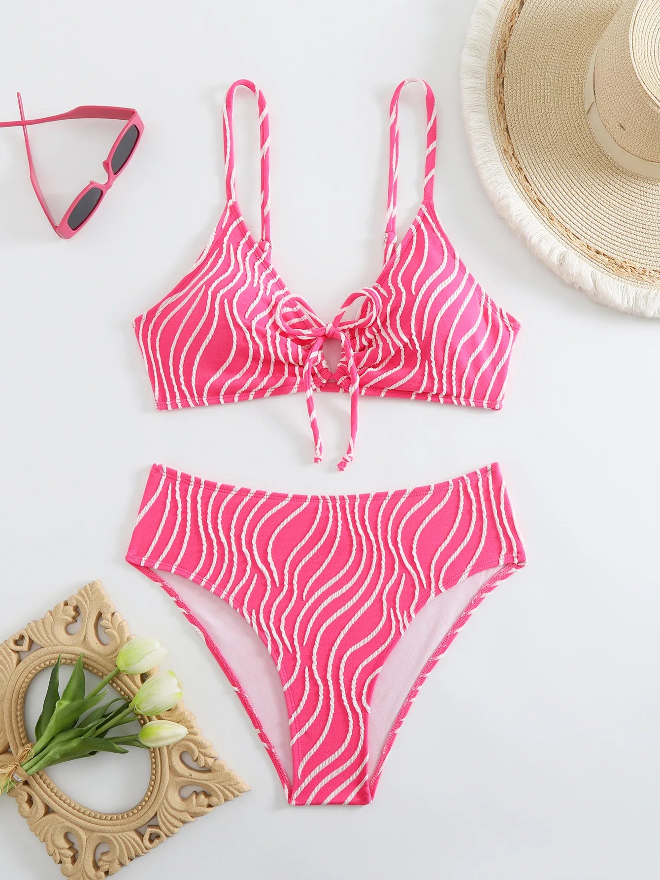 Women's Bikini Set Stripe Print 2 Piece Swimsuit Drawstring Lace-up V Neck Suspender Backless Beach Vacation Swimwear
