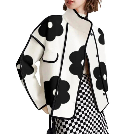 Spring Long Sleeve Button Stand Collar Thin Coats Outerwear Elegant Flower Print