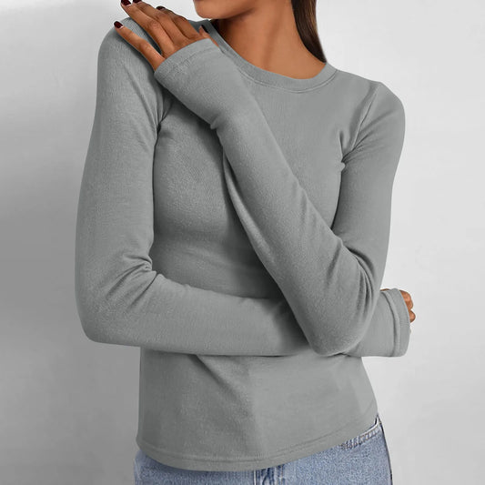 Casual Long Sleeve Women T-Shirt Round Neck  T Shirts Elegant Ladies Glove Finger Tees Tops
