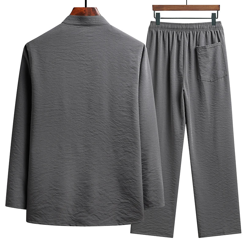 Chinese Traditional Clothing Set Man Fall Linen Buckle Shirt Oriental Retro Top Pants Tai Chi Breathable Uniforms