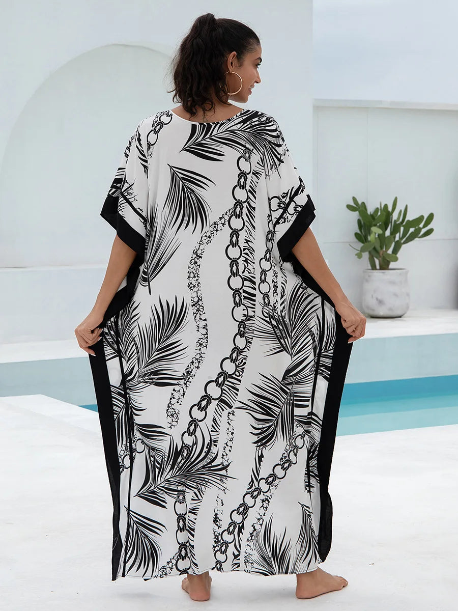 Leaf and Chain Print Women Loose Fitting Long Robe Beach Vacation V-neck Sunscreen Clothing