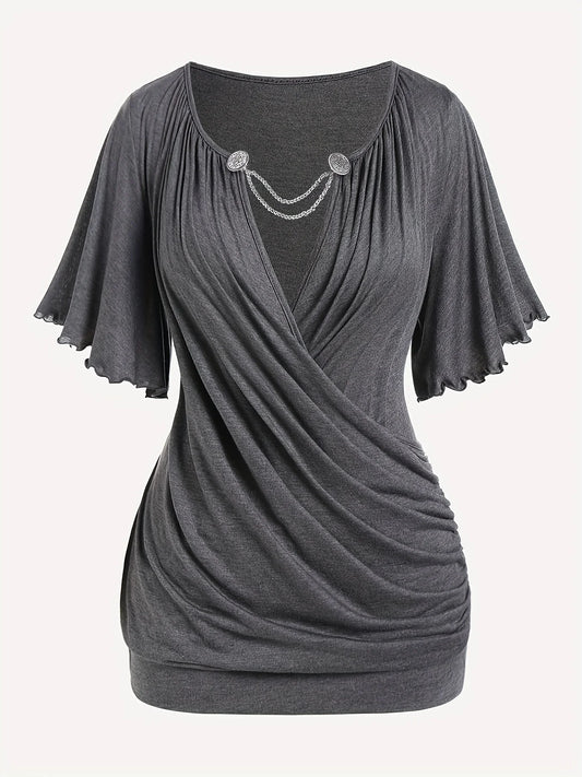 European and American hit fashion women's pleated chain embellished V-neck plus-size T-shirt top