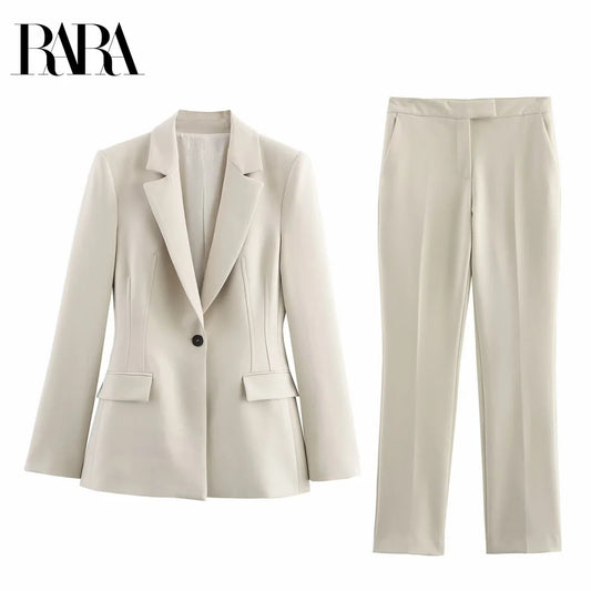 Women's clothing with padded shoulders, slim lapel, long-sleeved casual suit jacket, mid-waist flared pants
