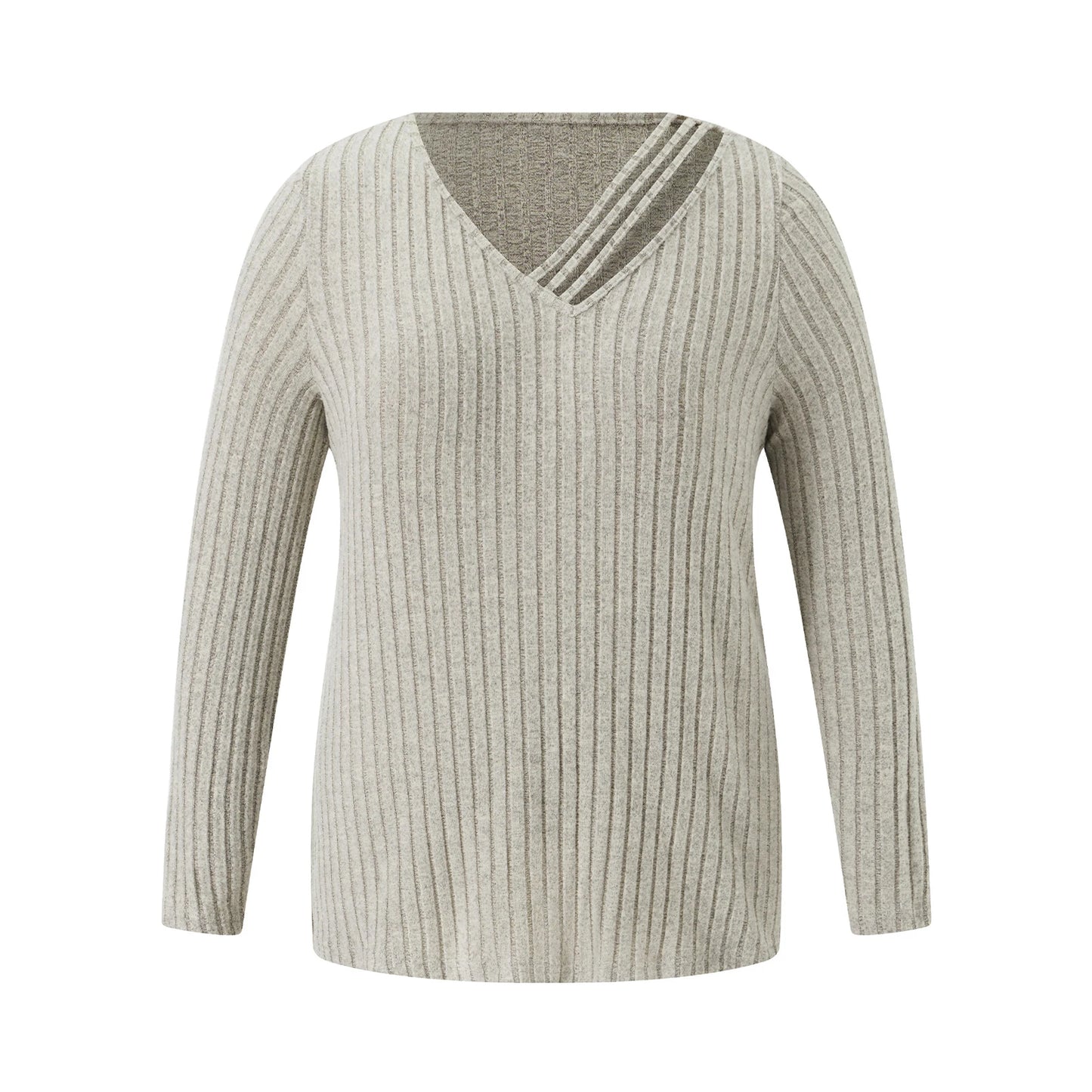 Plus Size Women s V Neck Sweater with Cut Out Detail and Ribbed Knit Design Long Sleeve Pullover