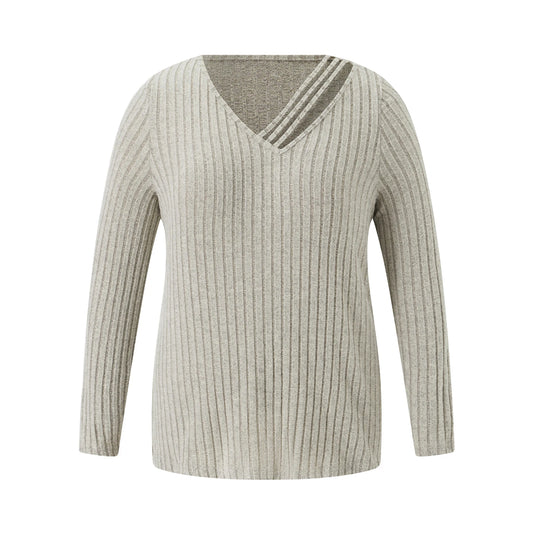 Plus Size Women s V Neck Sweater with Cut Out Detail and Ribbed Knit Design Long Sleeve Pullover