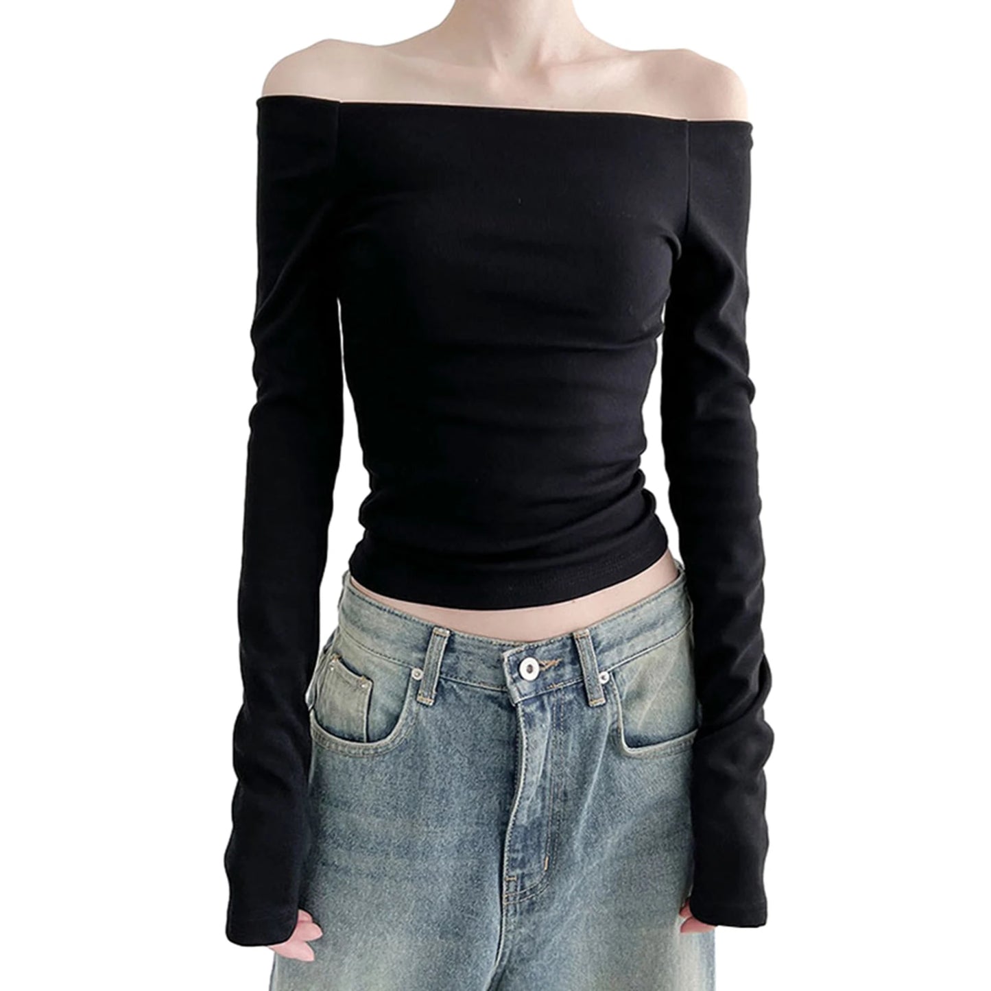 Women Solid Color Short T-Shirt Boat Neck Long Sleeve Off Shoulder Shirts Spring Fall  Fit Tops Streetwear