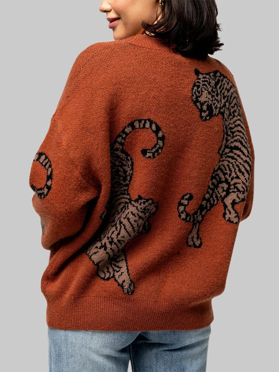 Women s Casual Lightweight Button Up Sweaters with Tiger Print Long Sleeves Warm Knitwear for Fall Streetwear Fashion