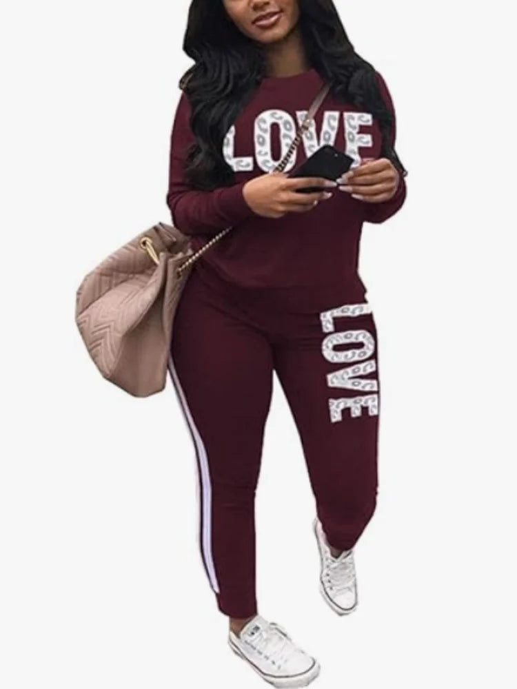 Women Two Piece  Round Neck Pullover Top with Long Pants Casual Outfit
