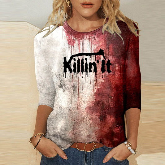 Bloody Fonts T-Shirt Halloween Ladies Printed Long Sleeve Crew Neck T Shirt Top Distressed