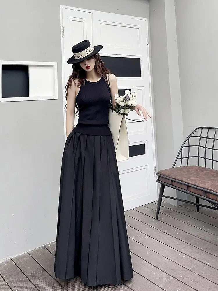 A Pleated  Large Hem  Retro Low Waisted Casual  Ankle Length Skirt