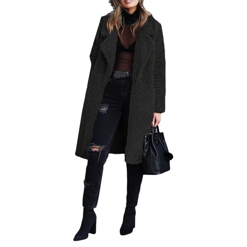 Stylish Solid Color Coat with Long Sleeves and Folded Collar Trendy Outerwear