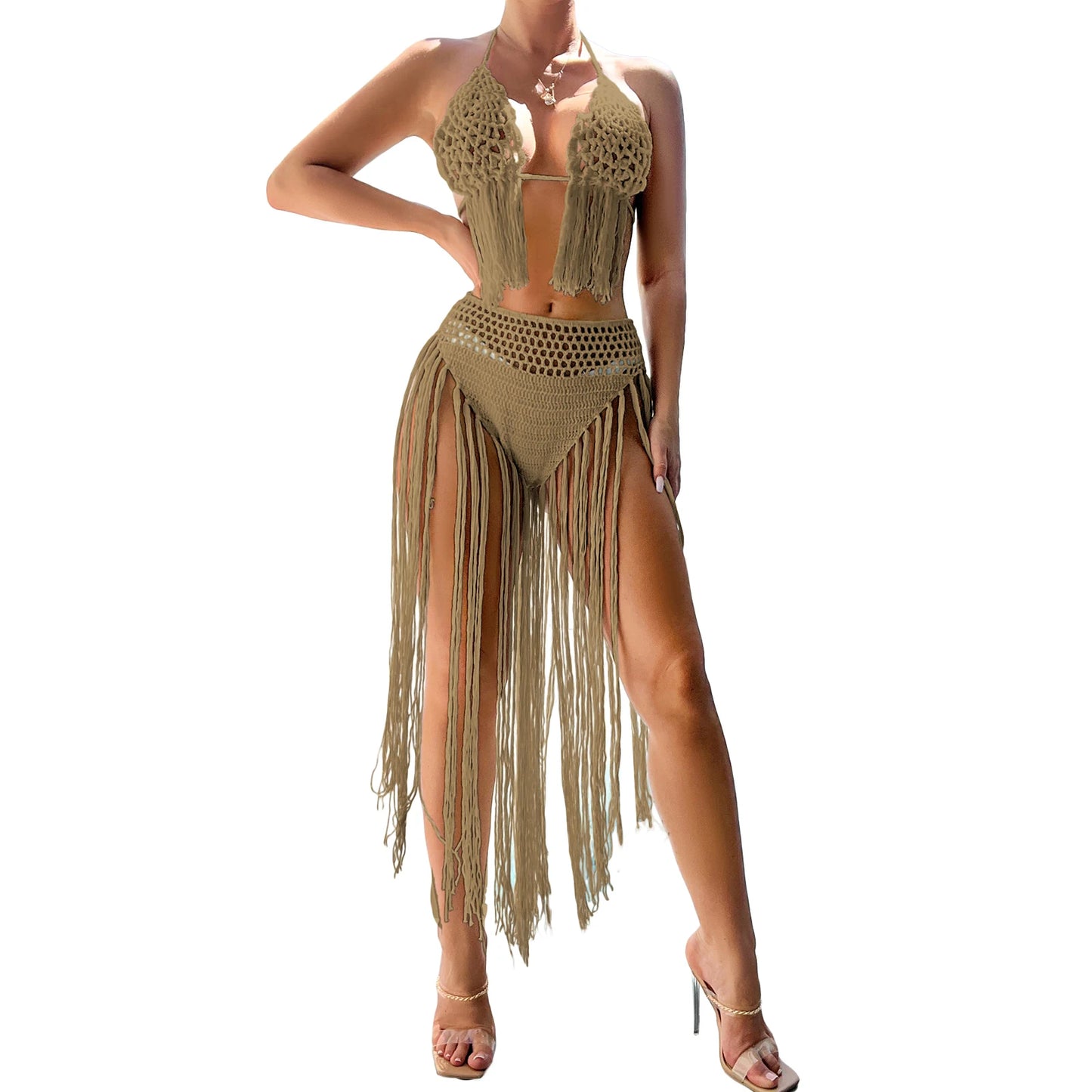 Crochet Halter top  High Waist Bikini Bottom Set Beachwear Swimsuit