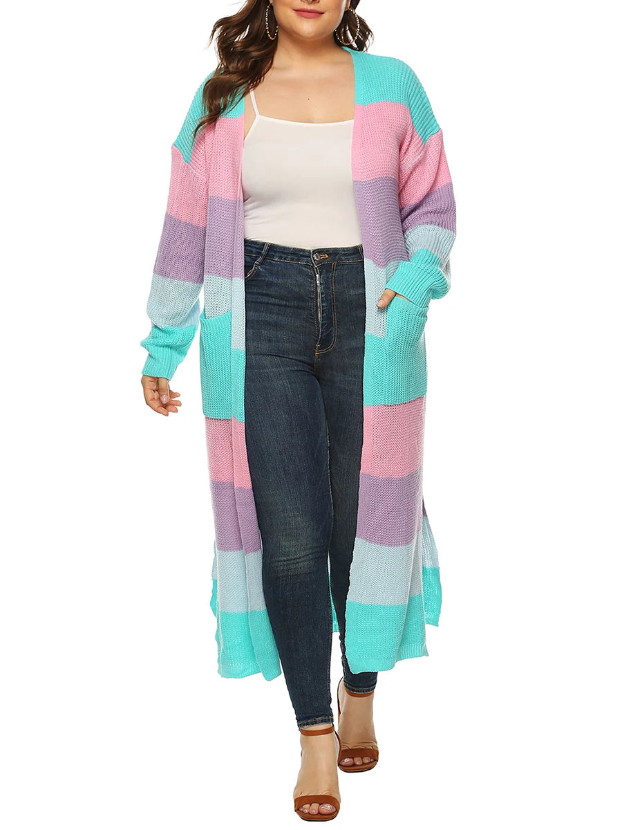 Women s Open Front Long Cardigan Sweater with Pockets Long Sleeve Contrast Color