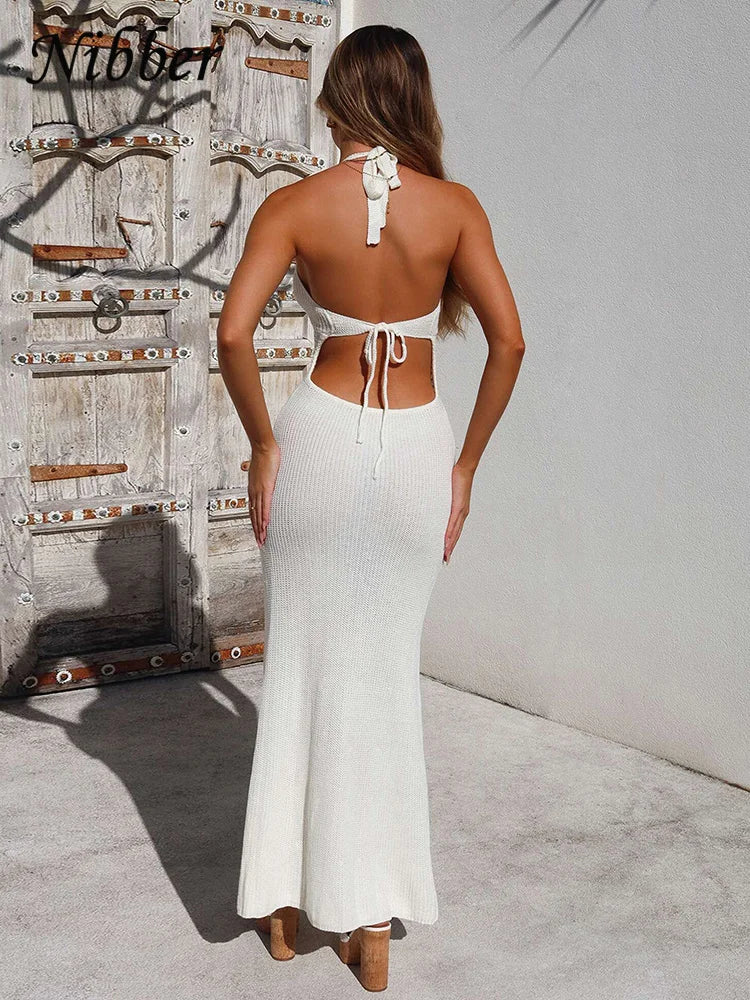 Knitted Crochet Women's Maxi Dress  See Through Halter Low Neck Backless