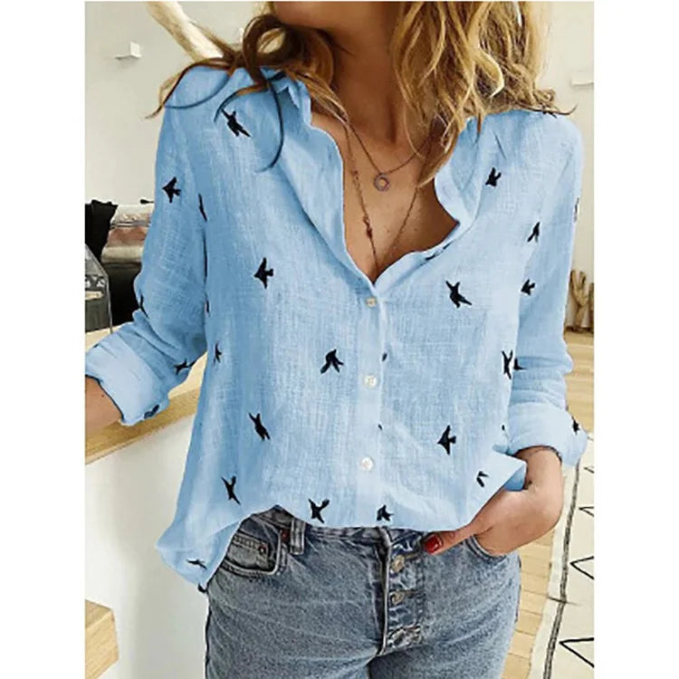 Elegant Cotton Linen Shirts Women Casual Solid Button Lapel Blouses Shirts  Long Sleeve Loose Tops