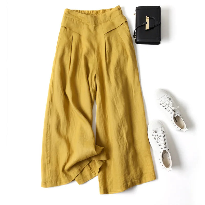 Summer Pants for Women Cotton Linen Large Size Wide Leg Pants Femme Arts Style Elastic Waist Solid Casual Loose