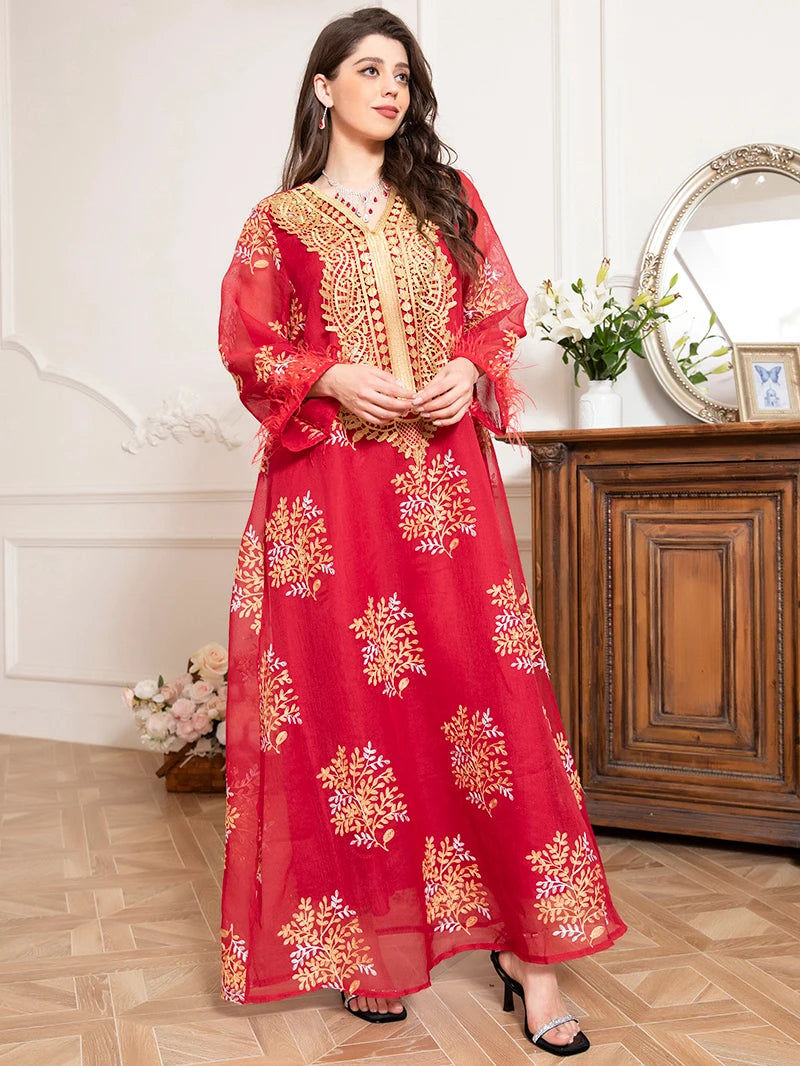 Charming banquet style Round neck Printed Embroidery Regular sleeve Kaftan suitable for all seasons