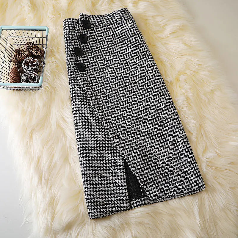Woolen Skirt High Waist Package Hip Skirt Houndstooth Plaid Long