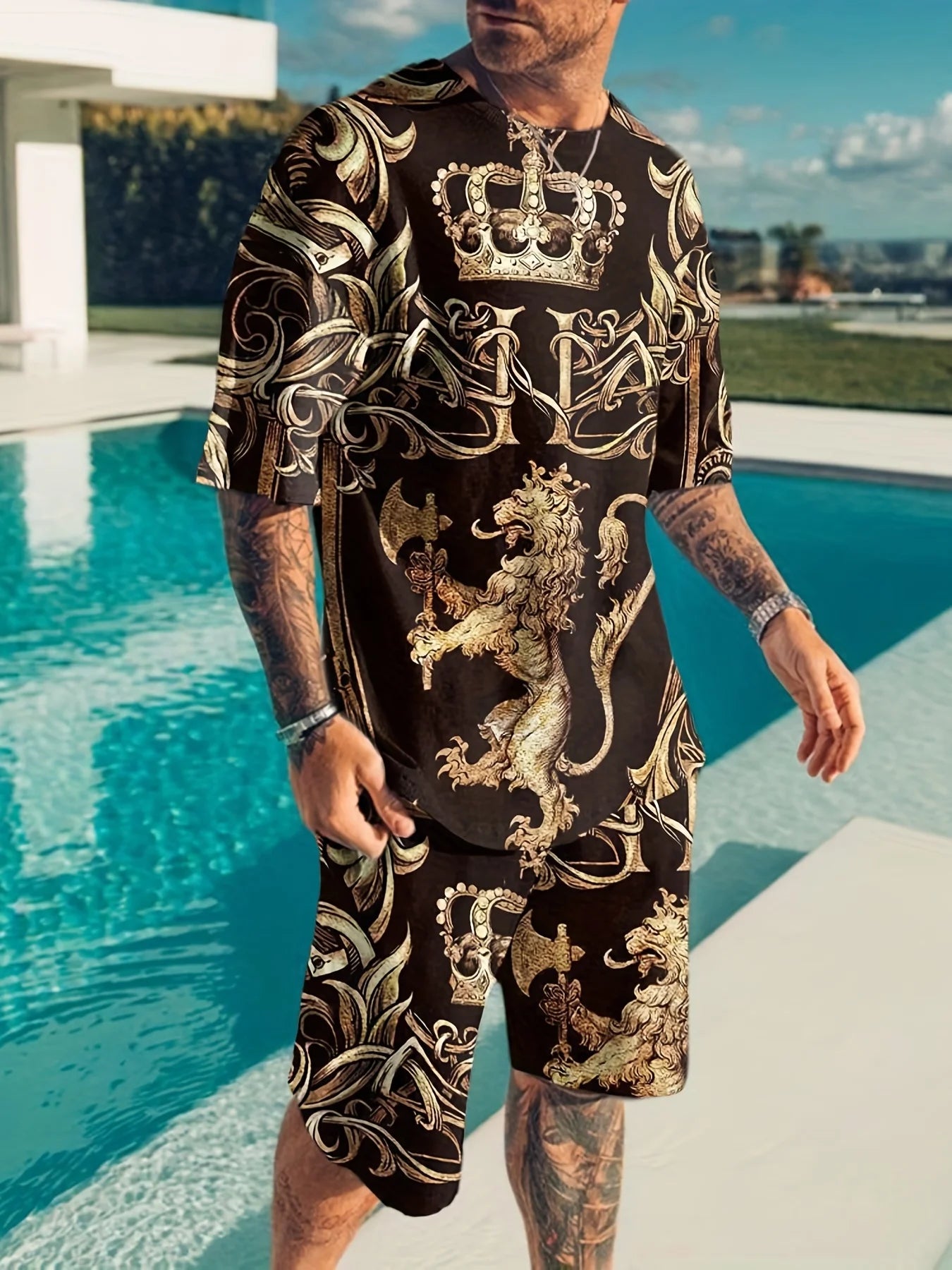 Two-piece sports suit, men's comfortable round neck printed T-shirt and vitality micro-elastic breathable trousers