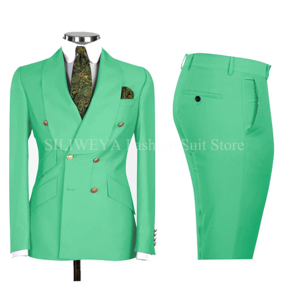 Gold Men Business Casual Men's Suits Jacket Pants Set Male Blazer Coat Pants 2PCS Slim Fit Suits