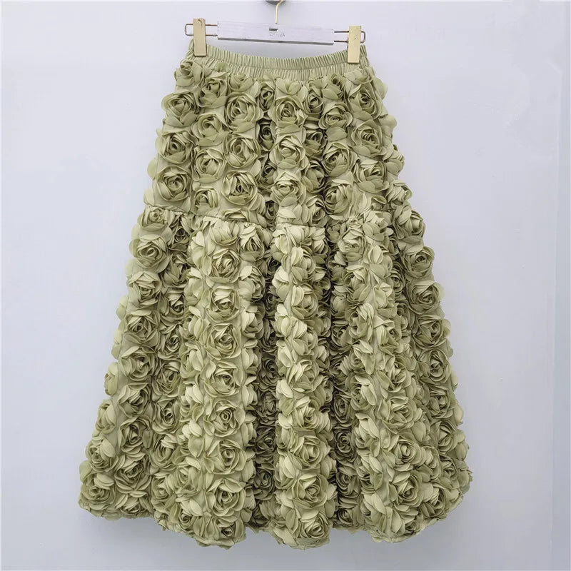 Three Dimensional Flower Mid-calf  High Waist Big Swing  A-line Skirt