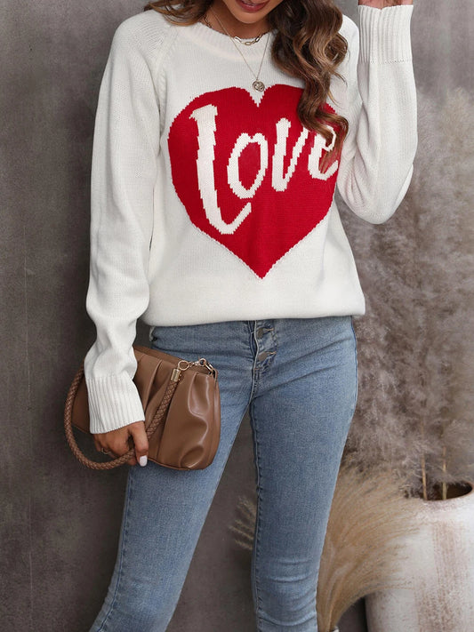 Women s Valentine s Day Heart Patterned Knit Pullover Sweater with Round Neck and Long Sleeves Cozy Loose Fit Casual