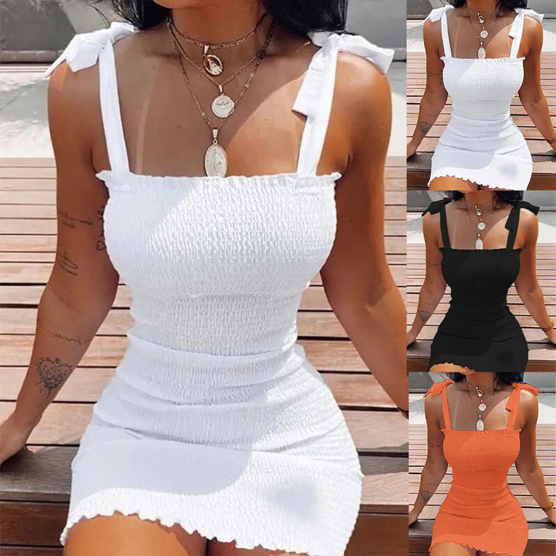 Trendy Solid Strap Short Dresses Off Shoulder Sexy Skirt Pullover Sheath Mini Summer Beach Female Vest Dress