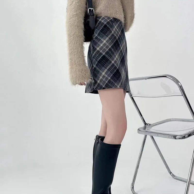 Woolen Plaid Mini Skirt  Retro High Waist A-Line  Tweed Skirt
