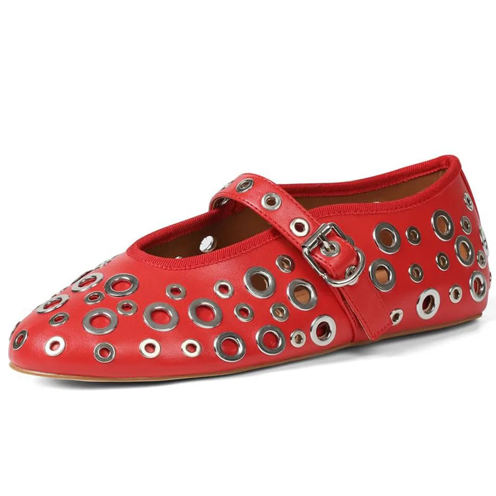 Ballet Flats with Buckle Strap Mesh Perforated Metal Studded Mary Jane