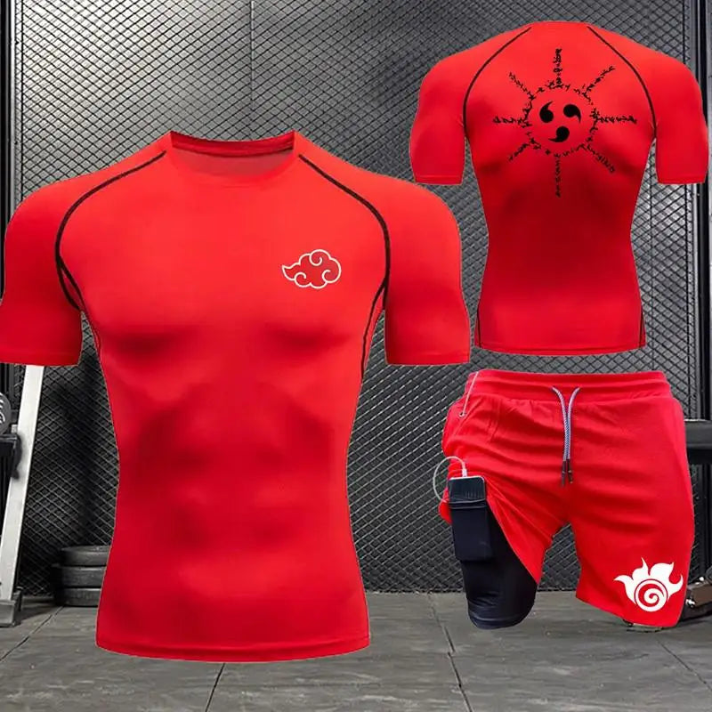 Jogging Breathable Compression Sportswear Summer Men's Training Two-piece Tight T-shirt Fitness Shorts Gym Workout Set S-3xl