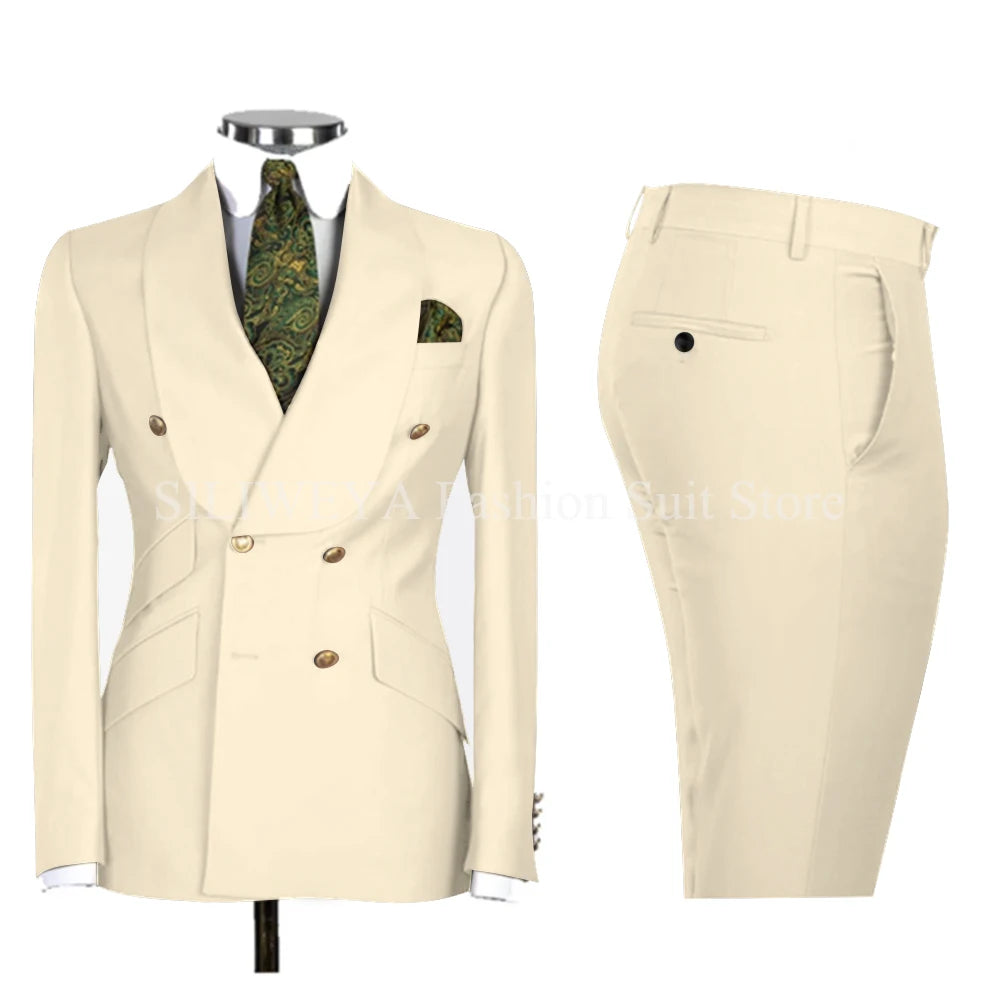 Gold Men Business Casual Men's Suits Jacket Pants Set Male Blazer Coat Pants 2PCS Slim Fit Suits
