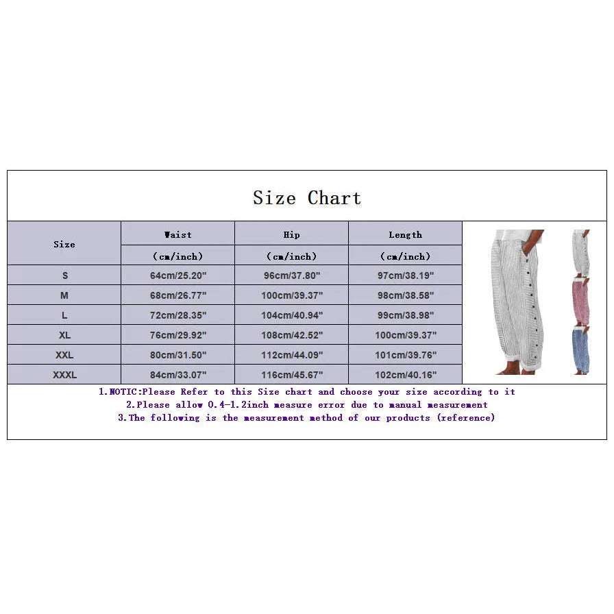 Long Linen Pants Women's Summer Fashion Striped Print Button Casual Versatile Loose High Waist  Dress Pants