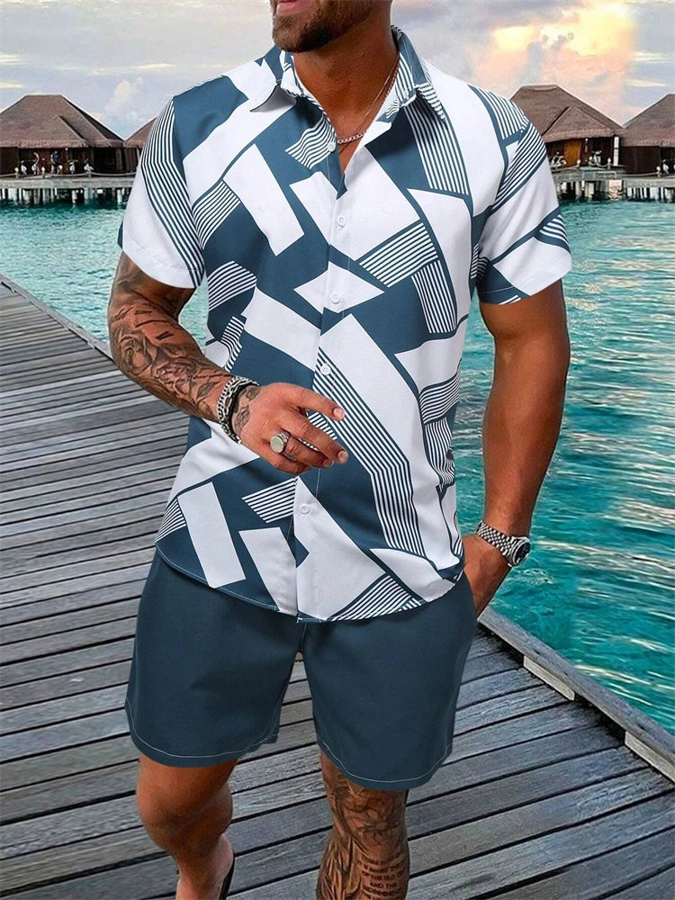 Summer  Men's Short Sleeve Shirt and Shorts 2 Piece Set Fashion Coconut Tree Print Lapel Shirt Beach Drawstring Shorts Set