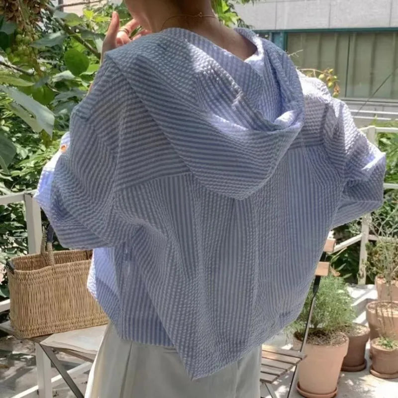 Women Shirt Summer Fashion Sunshade Long Sleeve Casual Hooded Loose Fit Lightweight