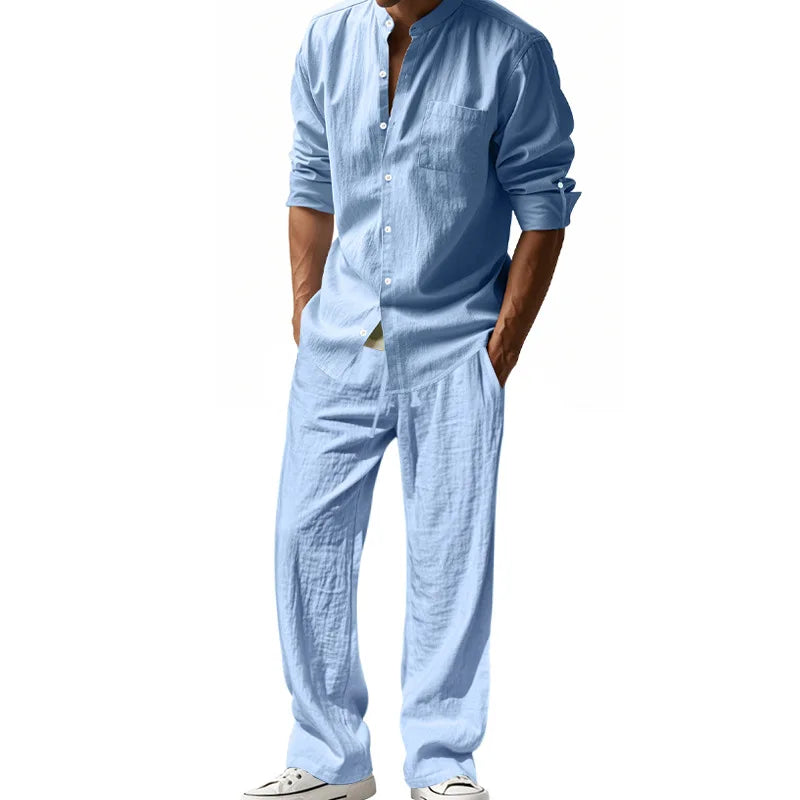 Spring and Summer Men's Suit Linen Casual Loose Breathable Long Sleeves Shirt Trousers 2 pc Set of Beach Vacation Essential