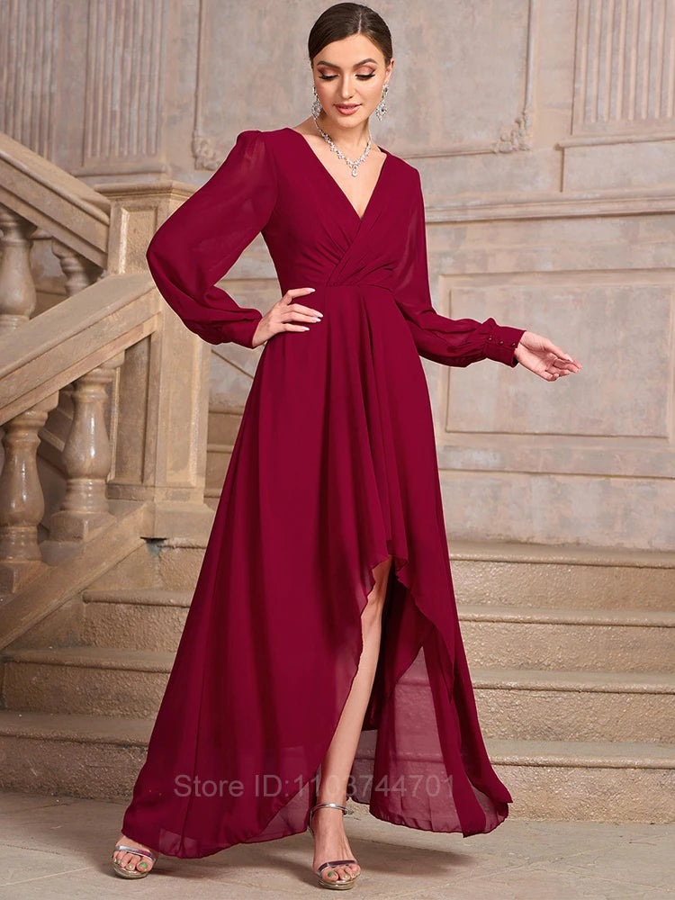 Chiffon Summer Dress A-line  Long Sleeve V-Neck Solid Maxi Dresse