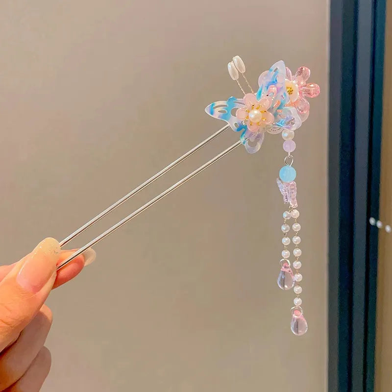 Elegant Chinese Style Hair Accessory Romantic Enameled Flower Tassel Hair Pin Alloy Jewelry Hairpin For Women Fashion Hairpin
